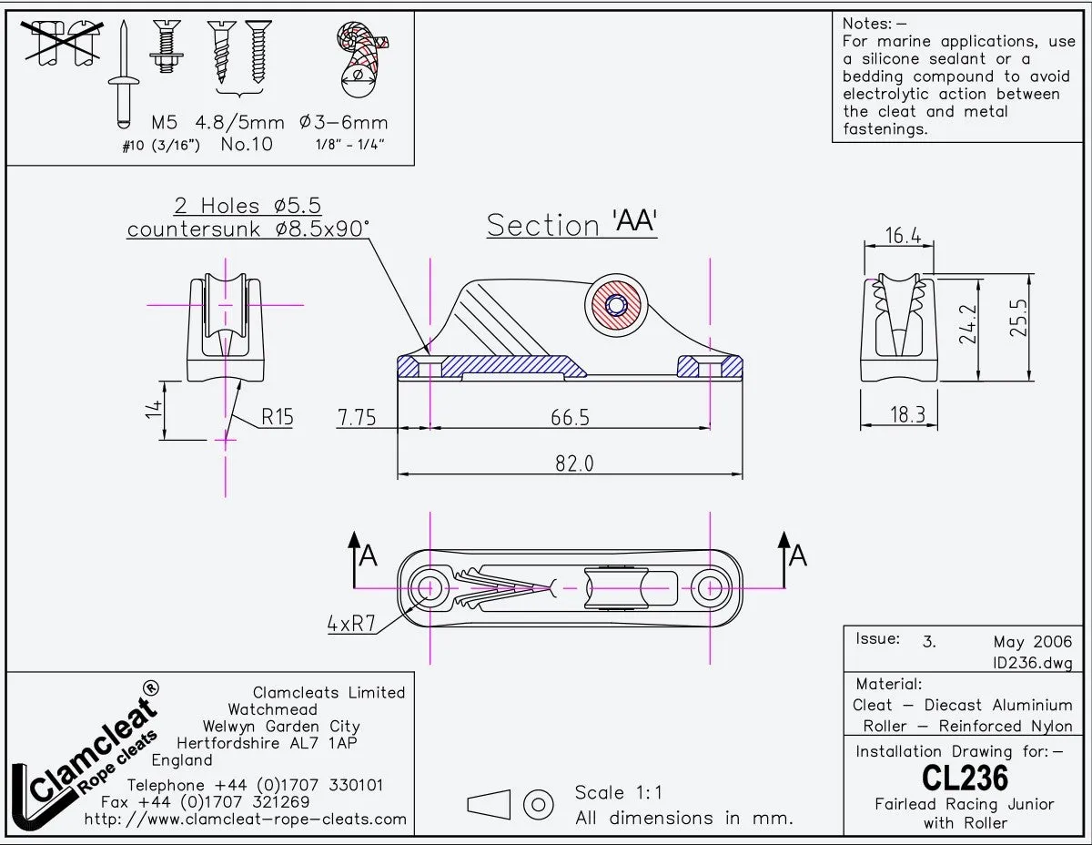 Clamcleat CL236 Roller Fairlead Mk1 Racing Junior