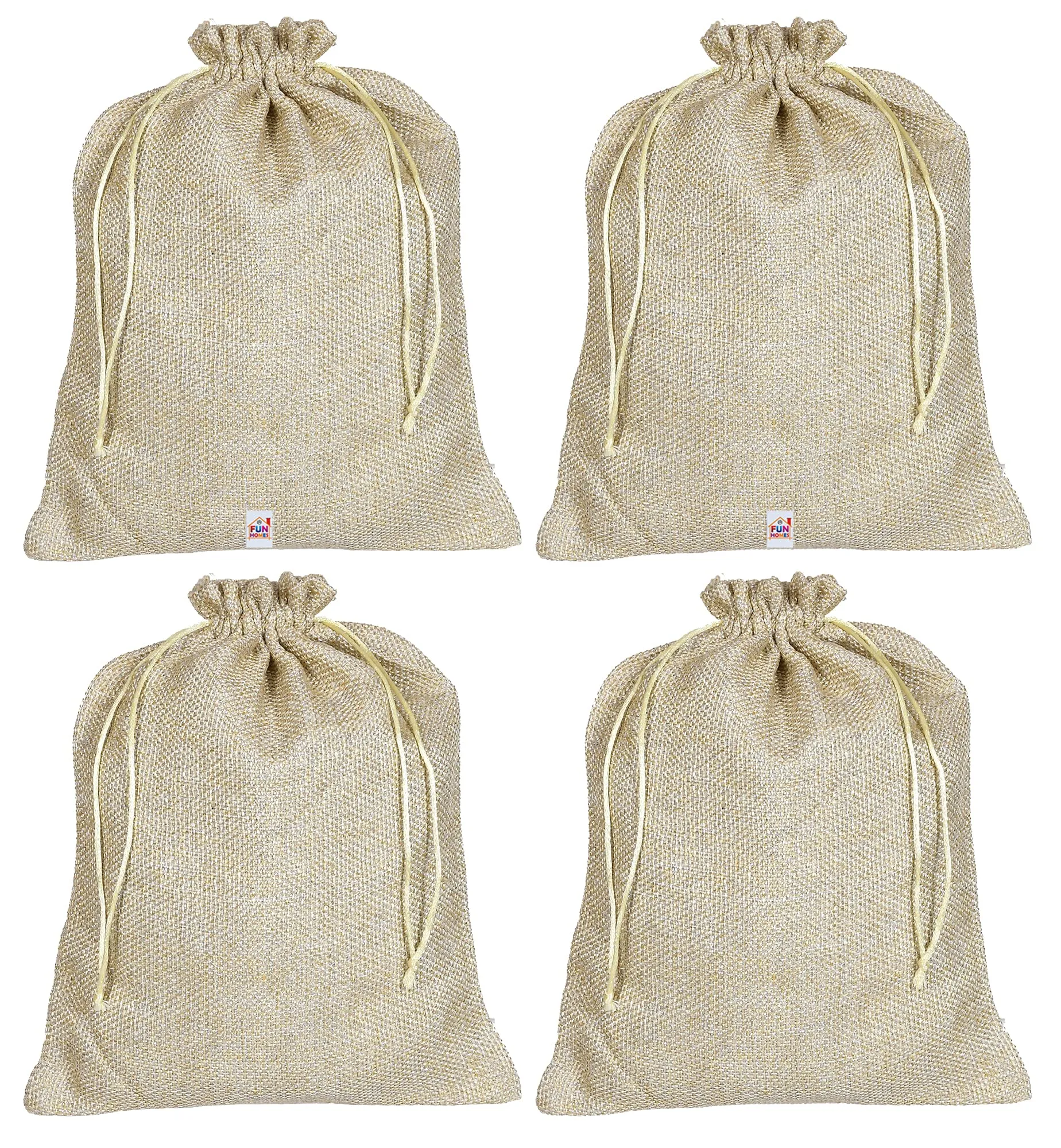 Fun Homes Jute Small Size Potli Gift Bags Wedding Hessian Jute Small Size Bags Linen Jewelry Pouches with Drawstring for Birthday, Party, Wedding Favors-Pack of 4 (Gold) (HS_36_FUNHOMES019516)