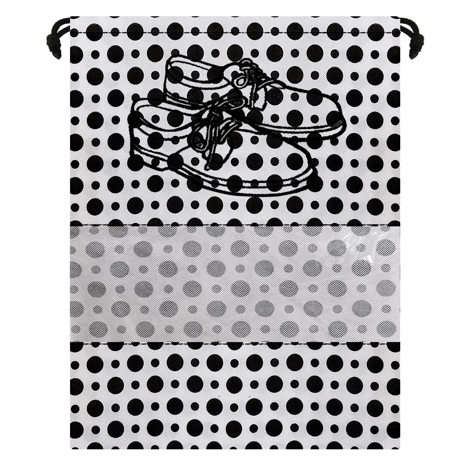 Heart Home Polka Dots Print 18 Piece Non Woven Travel Shoe Cover, String Bag Organizer (Black & White)