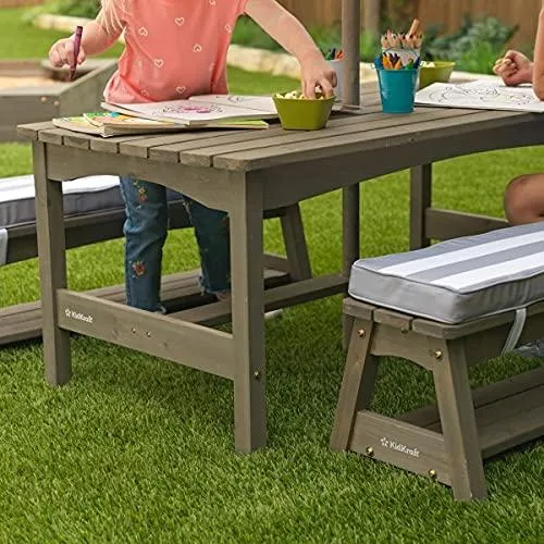 KidKraft Outdoor Table & Bench Set with Cushions and Umbrella Gray & White Stripes