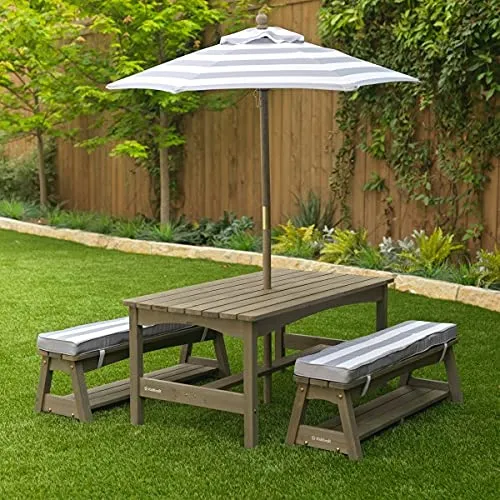 KidKraft Outdoor Table & Bench Set with Cushions and Umbrella Gray & White Stripes