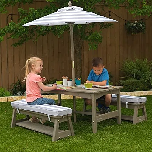 KidKraft Outdoor Table & Bench Set with Cushions and Umbrella Gray & White Stripes