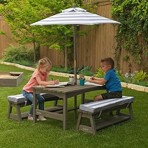 KidKraft Outdoor Table & Bench Set with Cushions and Umbrella Gray & White Stripes