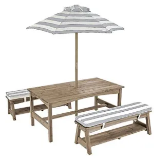 KidKraft Outdoor Table & Bench Set with Cushions and Umbrella Gray & White Stripes