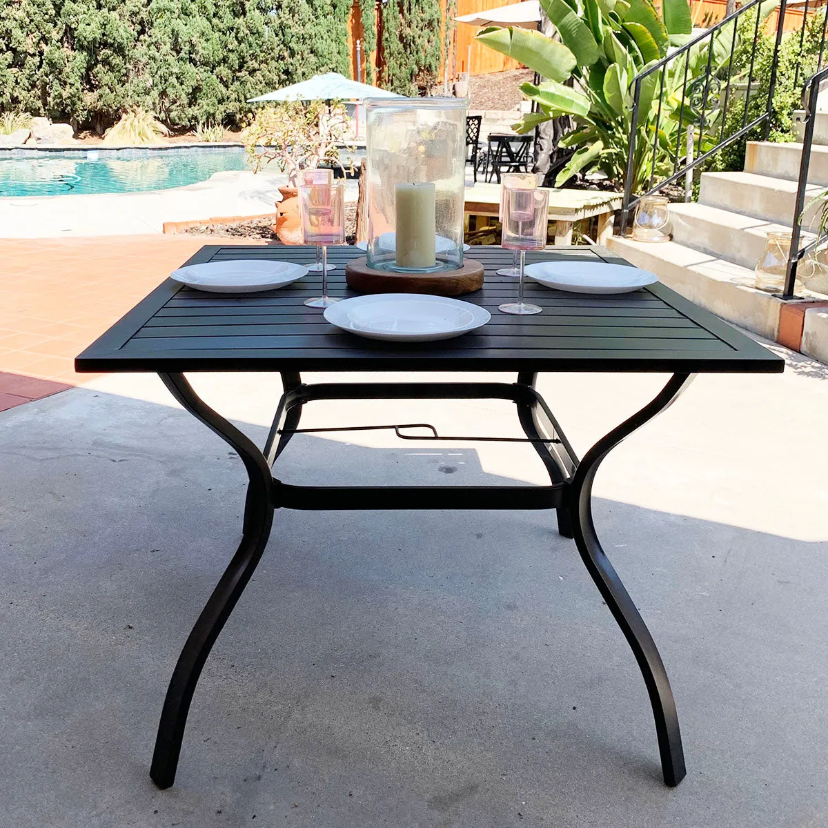 Phi Villa 37" Metal Square Slat Patio Dining Table with Umbrella Hole